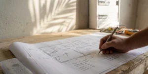 Plan électrique d'une maison annoté près d'un tableau électrique moderne à Mayotte